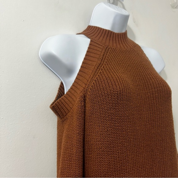 Womens XS Brown Cold Shoulder Mock Long Sleeve Sweater Dress Chic Minimalist - Picture 5 of 8